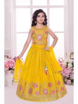 Lagorii - Yellow Chiffon Sleeveless Flared Choli With Lehenga & Dupatta