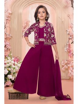 Lagorii - Purple Georgette Three Fourth Sleeves Regular Top With Palazzo & Shrug Dupatta