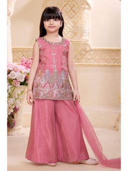 Lagorii - Pink Silk Blend Sleeveless Regular Kurti With Palazzo & Dupatta