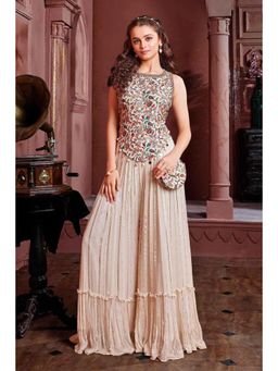 Lagorii - Cream Georgette Sleeveless Regular Top With Palazzo & Sling Bag