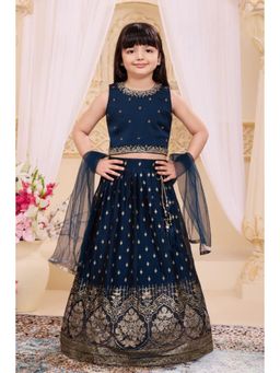 Lagorii - Navy Blue Silk Blend Sleeveless Flared Choli With Lehenga & Dupatta