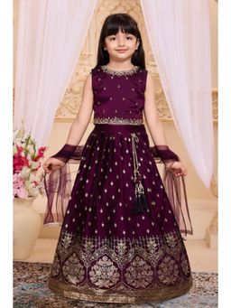 Lagorii - Wine Silk Blend Sleeveless Flared Choli With Lehenga & Dupatta