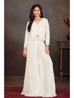 Lagorii - Cream Chiffon Full Sleeves Regular Crop Top With Palazzo & Shrug
