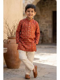 Lagorii - Rust Silk Full Sleeves Regular Kurta With Pyjama