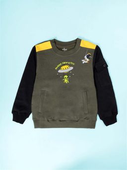 KiddoPanti - Olive Fleece Full Sleeves Regular Sweatshirt
