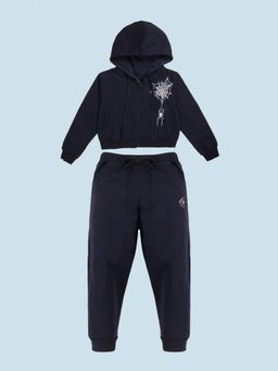 KiddoPanti - Navy Blue Fleece Full Sleeves Regular Hoodie With Joggers