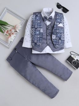 FOURFOLDS - Grey Cotton Blend Full Sleeves Regular Waistcoat With Shirt & Pant Bow