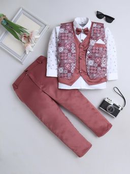 FOURFOLDS - Mauve Cotton Blend Full Sleeves Regular Waistcoat With Shirt & Pant Bow