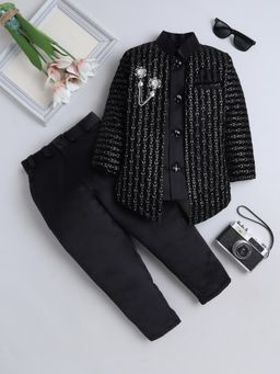 FOURFOLDS - Black Velvet Full Sleeves Regular Sherwani With Pant