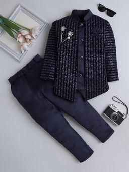 FOURFOLDS - Navy Blue Velvet Full Sleeves Regular Sherwani With Pant