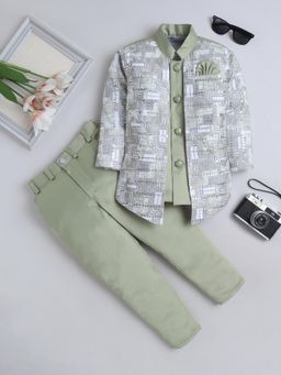 FOURFOLDS - Green Polyester Full Sleeves Regular Sherwani With Pant