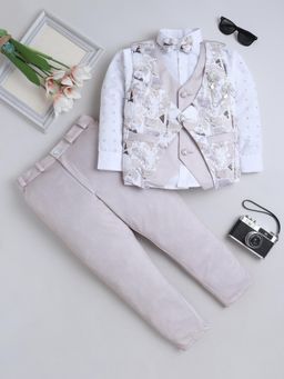 FOURFOLDS - Grey Cotton Blend Full Sleeves Regular Waistcoat With Shirt & Pant Bow