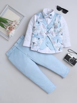 FOURFOLDS - Blue Cotton Blend Full Sleeves Regular Waistcoat With Shirt & Pant Bow