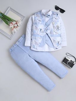 FOURFOLDS - Blue Cotton Blend Full Sleeves Regular Waistcoat With Shirt & Pant Bow