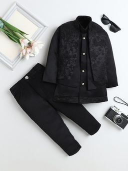 FOURFOLDS - Black Polyester Full Sleeves Regular Sherwani With Pant & Waistcoat