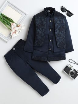 FOURFOLDS - Navy Blue Polyester Full Sleeves Regular Sherwani With Pant & Waistcoat