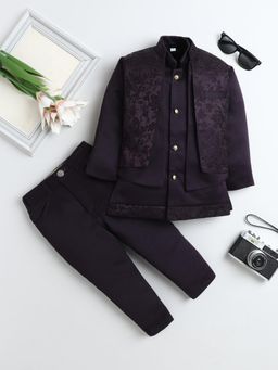 FOURFOLDS - Wine Polyester Full Sleeves Regular Sherwani With Pant & Waistcoat