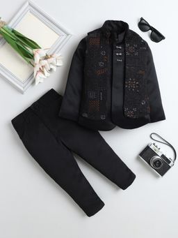 FOURFOLDS - Black Polyester Full Sleeves Regular Sherwani With Pant & Jacket