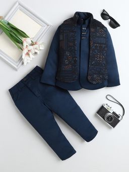 FOURFOLDS - Navy Blue Polyester Full Sleeves Regular Sherwani With Pant & Jacket