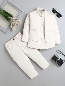 FOURFOLDS - Beige Cotton Blend Full Sleeves Regular Sherwani With Pant & Waistcoat