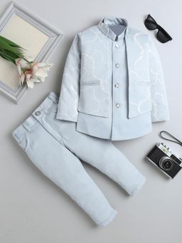 FOURFOLDS - Grey Cotton Blend Full Sleeves Regular Sherwani With Pant & Waistcoat
