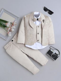 FOURFOLDS - Beige Polyester Full Sleeves Regular Blazer With Shirt With Pant & Bow