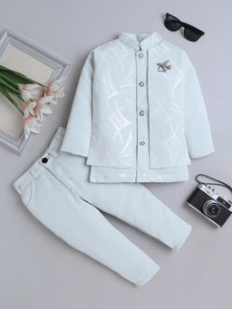 FOURFOLDS - Blue Cotton Blend Full Sleeves Regular Sherwani With Pant & Waistcoat