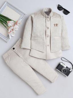 FOURFOLDS - Beige Polyester Full Sleeves Regular Sherwani With Pant & Waistcoat