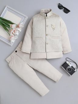 FOURFOLDS - Beige Polyester Full Sleeves Regular Sherwani With Pant & Jacket