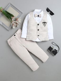 FOURFOLDS - Beige Polyester Full Sleeves Regular Waistcoat With Shirt With Pant & Bow