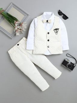 FOURFOLDS - Cream Polyester Full Sleeves Regular Waistcoat With Shirt With Pant & Bow