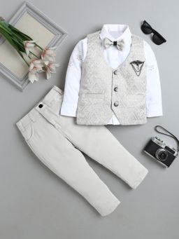 FOURFOLDS - Grey Polyester Full Sleeves Regular Waistcoat With Shirt With Pant & Bow