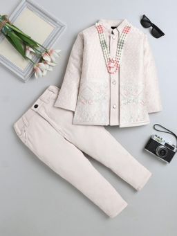 FOURFOLDS - Beige Polyester Full Sleeves Regular Sherwani With Pant & Waistcoat