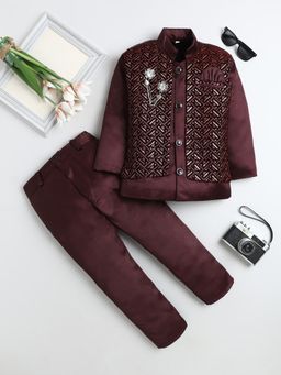 FOURFOLDS - Wine Velvet Full Sleeves Regular Sherwani With Pant