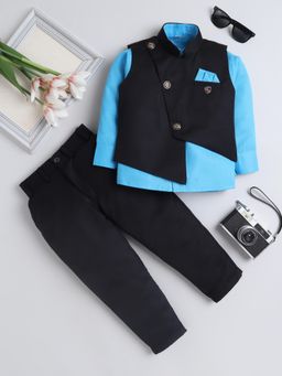 FOURFOLDS - Blue Cotton Blend Full Sleeves Regular Waistcoat With Shirt & Pant
