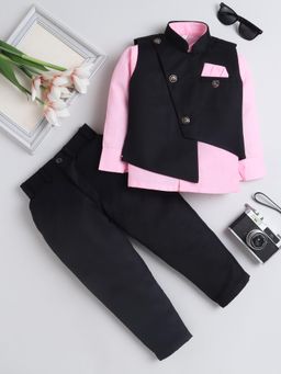 FOURFOLDS - Pink Cotton Blend Full Sleeves Regular Waistcoat With Shirt & Pant