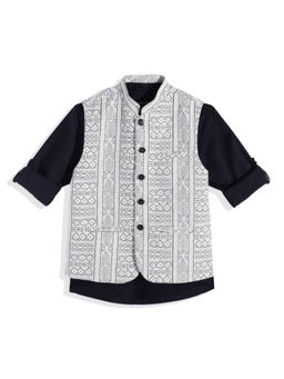 CHARCHIT - Navy Blue Cotton Blend Sleeveless Regular Nehru Jacket With Shirt
