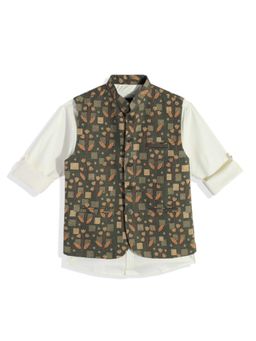 CHARCHIT - Green Cotton Blend Sleeveless Regular Nehru Jacket With Shirt