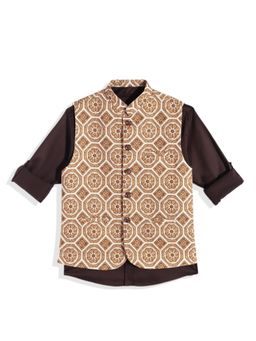 CHARCHIT - Brown Cotton Blend Sleeveless Regular Nehru Jacket With Shirt