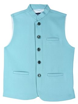 CAVIO - Turquoise Cotton Blend Sleeveless Regular Nehru Jacket