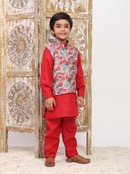 Pro Ethic Style Developer - Red Regular Kurta With Pant & Nehru Jacket