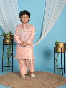 Pro Ethic Style Developer - Peach Regular Kurta With Pant & Nehru Jacket