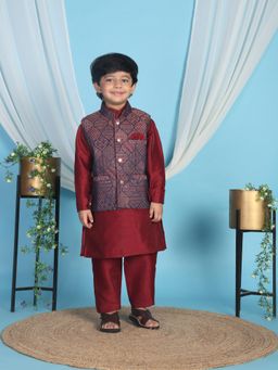Pro Ethic Style Developer - Maroon Regular Kurta With Pant & Nehru Jacket