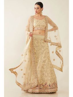 Soch - Women Beige Net Embellished Sequined Lehenga Choli Dress Material (Set of 3)