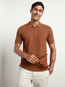 Nobero - Men Brown Pure Cotton Cascade Zip Textured Polo T-Shirt