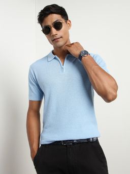 Nobero - Men Blue Pure Cotton Cascade Zip Textured Polo T-Shirt