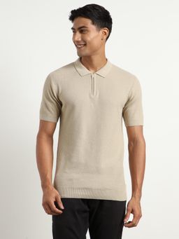 Nobero - Men Beige Pure Cotton Cascade Zip Textured Polo T-Shirt
