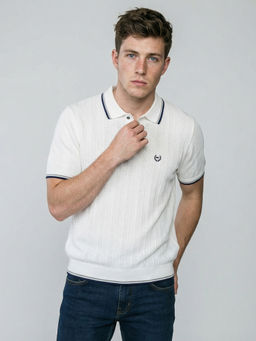 Monte Carlo - Men Smart Fit Polo Neck Self Design Half Sleeve White Polo T-Shirt