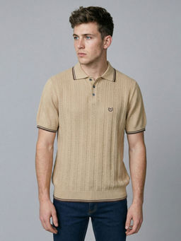 Monte Carlo - Men Smart Fit Polo Neck Self Design Half Sleeve Khaki Polo T-Shirt