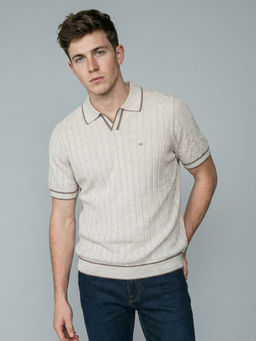 Monte Carlo - Men Smart Fit Half Sleeve Self Design Polo Neck Off White Polo T-Shirt